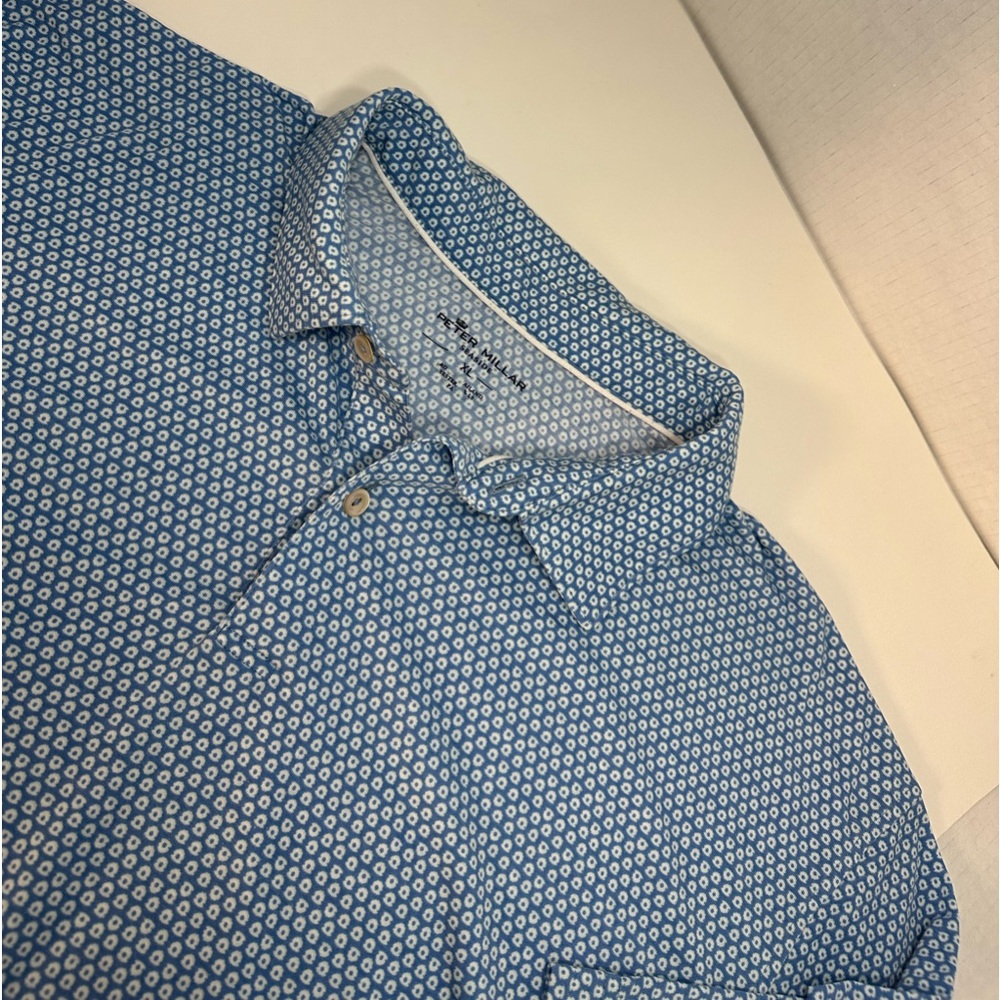 PETER MILLAR MENS SEASIDE NATURAL TOUCH LIGHT BLUE POLO WHITE FLORAL PATTERN XL